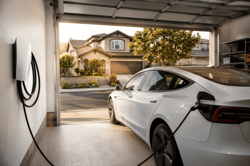 A white Tesla Model 3 charging in a clean suburban garage with a wall-mounted Level 2 EV charger, illuminated by warm afternoon sunlight streaming through the open garage door.