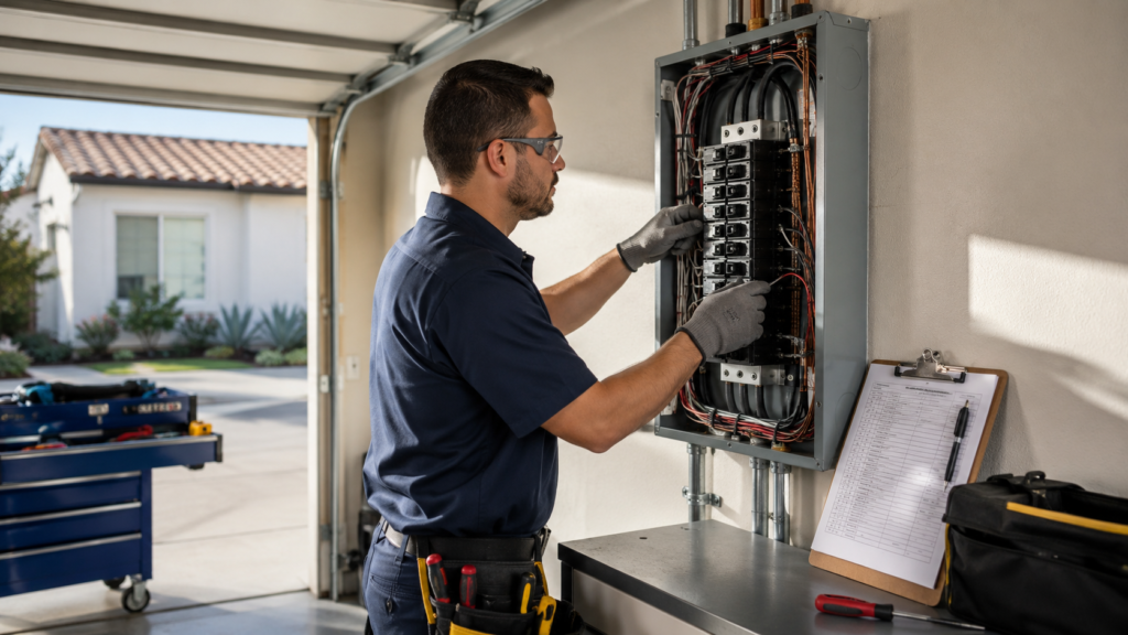 A licensed electrician in a clean uniform installs a new electrical panel inside a modern residential garage, with organized wiring, a circuit breaker panel, and a permit checklist visible nearby.