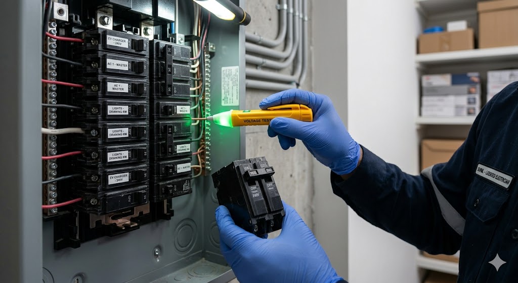 A close-up of an electrician in blue gloves using a yellow non-contact voltage tester on an open residential electrical panel while holding a new 240V circuit breaker.