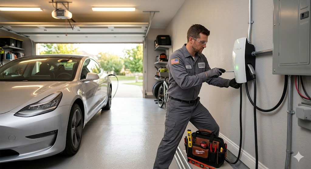 A licensed electrician in a gray uniform and safety glasses installs a Level 2 wall-mounted EV charging station in a residential garage next to a silver electric car.